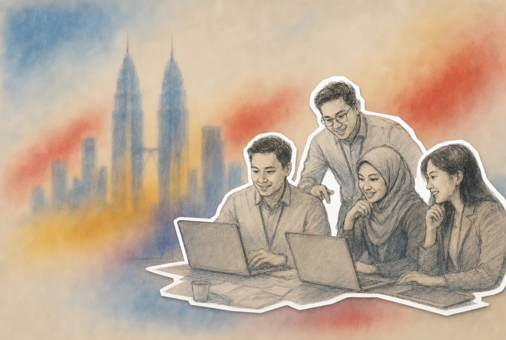 Sketch of a Malaysian team working on laptops together, with the Kuala Lumpur skyline behind them