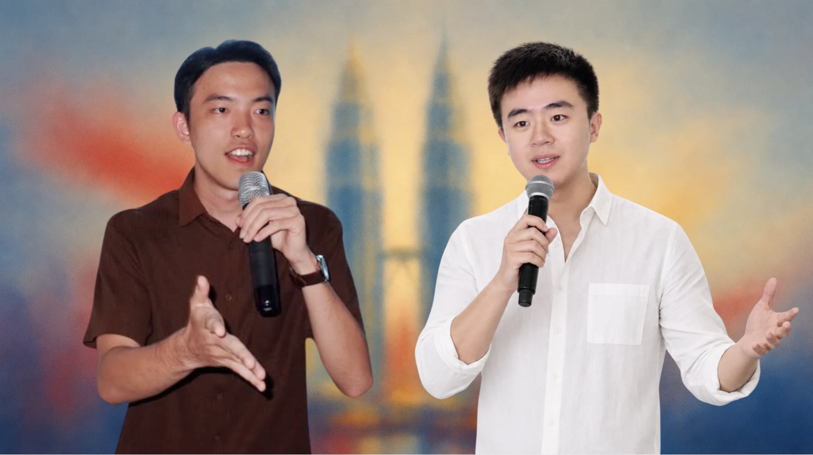 Tey Jian Han and Daniel Chua presenting with microphones in front of a painted Kuala Lumpur backdrop